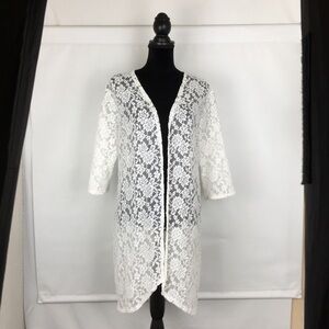 Women’s Ivory Floral Lace Open Front Long Cardigan Kimono Sheer Swimsuit Coverup
